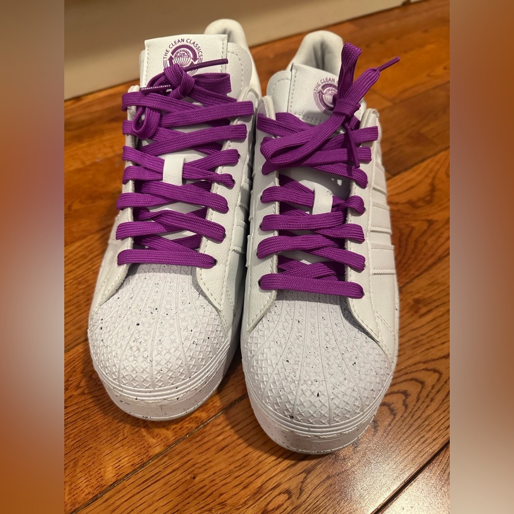 White Sneakers with Purple Laces